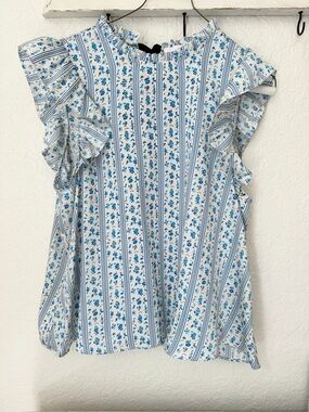Zara Blue Floral Ruffle Sleeve Women's Top